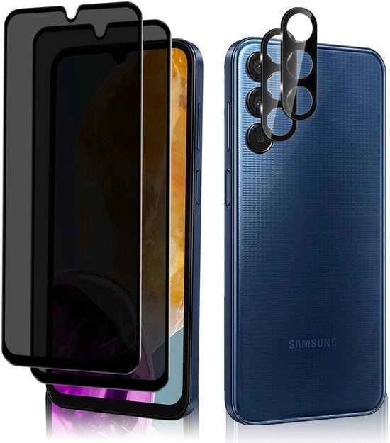 Display Screen Protector per Samsung Galaxy M15 5G, 2+2 pezzi, vetro resistente al graffio 9H, krasbestendig, anti-spy.