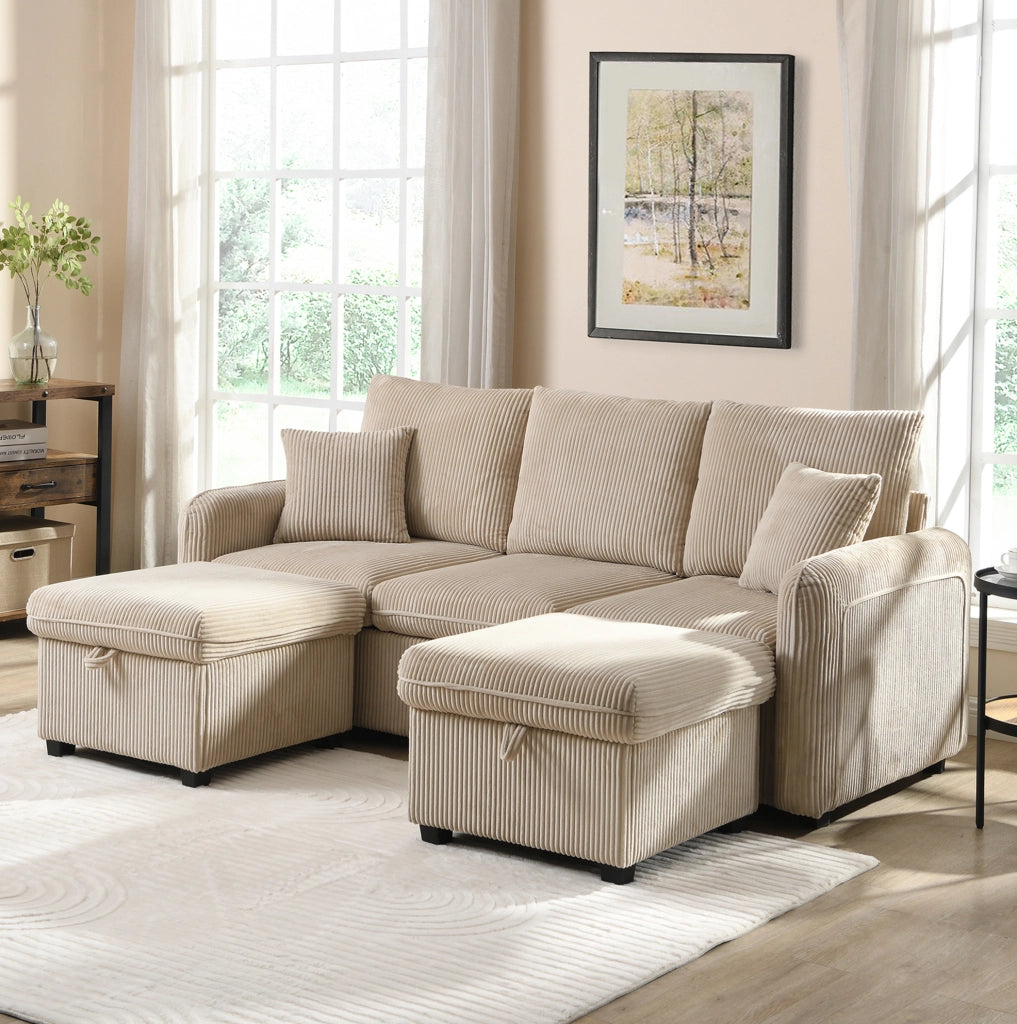 Divano modulare con 2 pouf contenitore e funzione letto; in tessuto cord beige