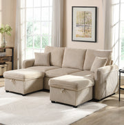 Divano modulare con 2 pouf contenitore e funzione letto; in tessuto cord beige
