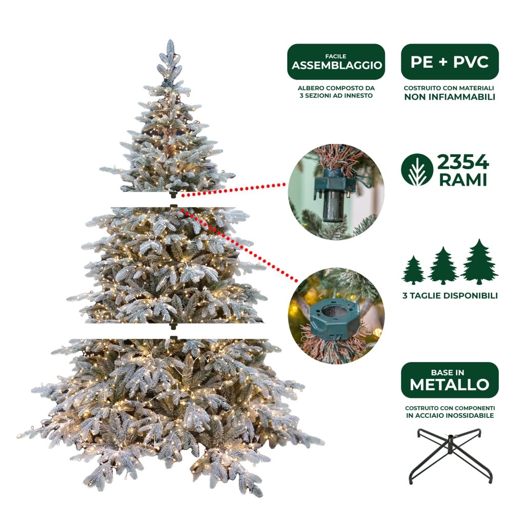 Albero di Natale Pino Verde Innevato Le Stelle St. Moritz H 210cm x L 150cm Super Folto Effetto Real-Touch con 2500 Luci Led Incorporate 2354 Rami