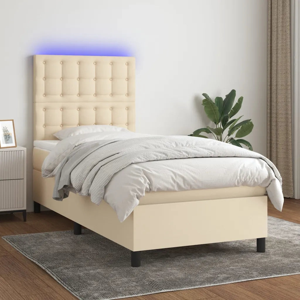 Letto singolo | Letto per adulti | Letto a Molle con Materasso e LED Crema 80x200 cm in Tessuto