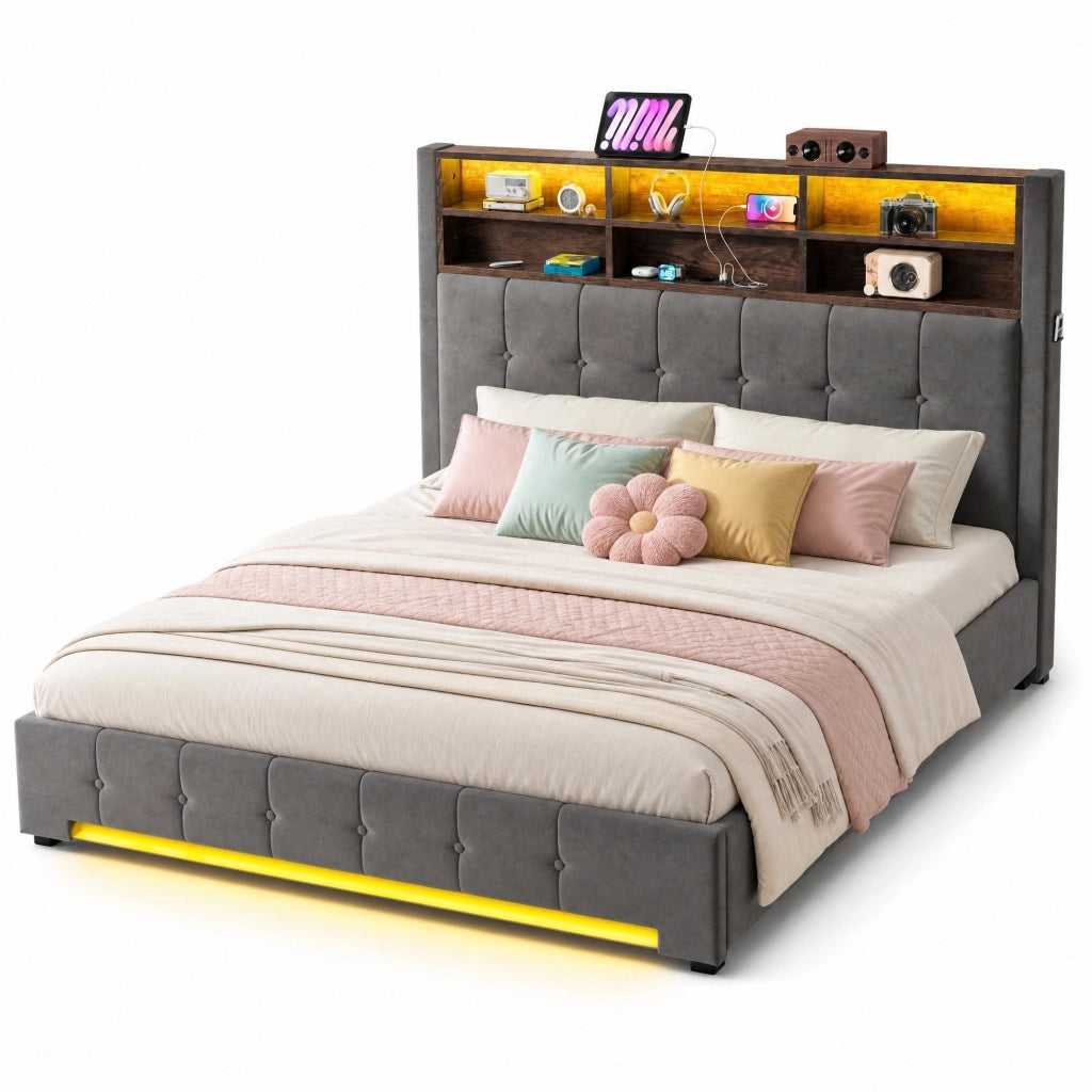 Letto matrimoniale 180x200 cm in velluto grigio scuro con LED e contenitore