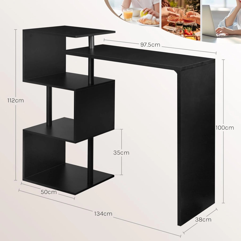 Tavolo da Bar Alto con Mensole, Bancone Casa in Metallo e Legno Nero, con 3 Ripiani, Scrivania Girevole, per Cucina, Sala da Pranzo, Soggiorno