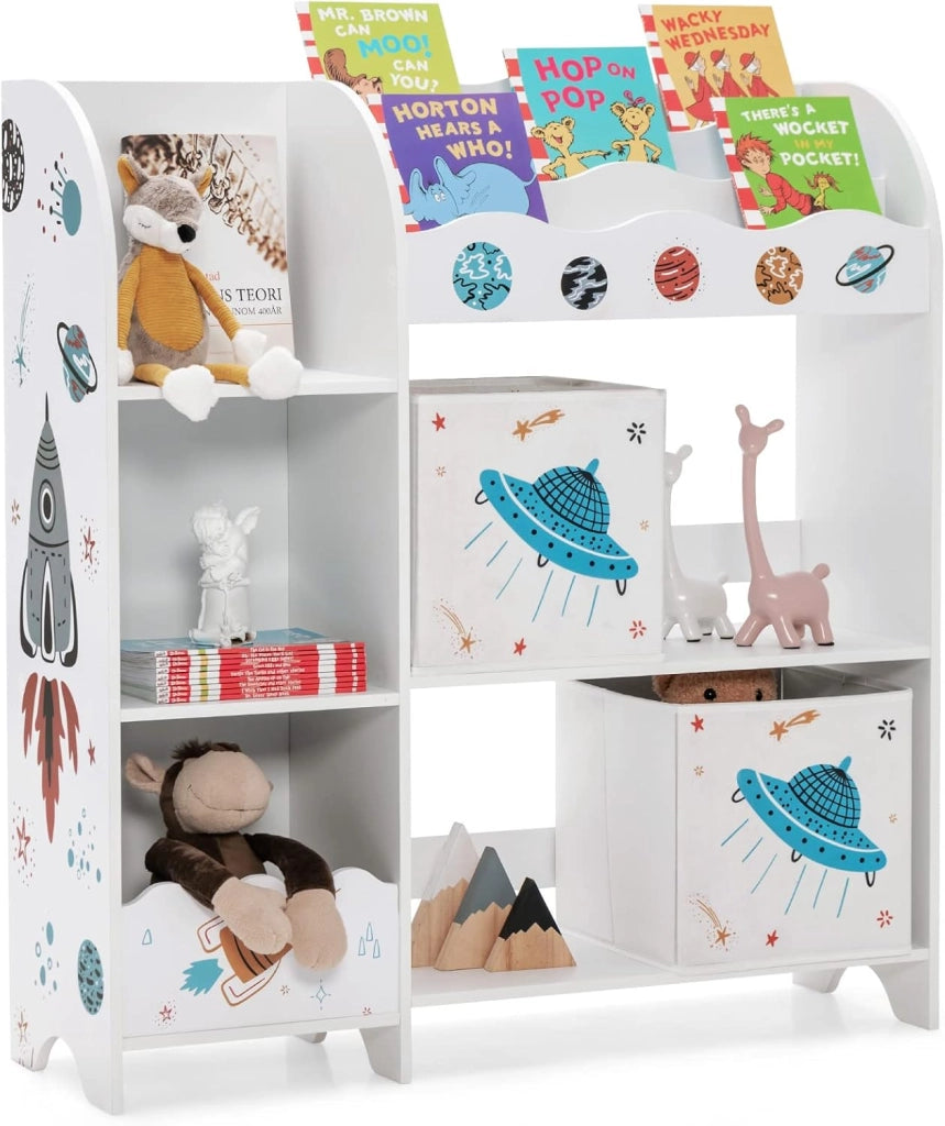 Armadio per Bambini, Scaffale di Legno con 3 Livelli e 5 Scompartimenti, 2 Cassetti in Tessuto e 3 Spazi per Giocattoli e Libri, Scaffale Verticale per Bambini, Bianco (Razzo)