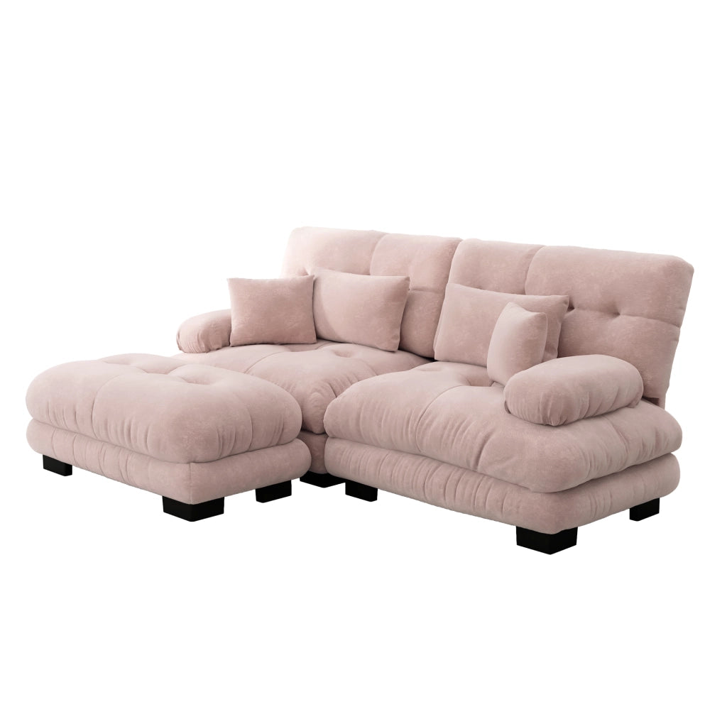 Divano modulare angolare in chenille rosa 220x145x81 cm con pouf