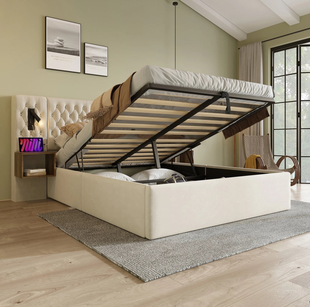 Letto contenitore ULEVR 180x200 cm con 2 comodini, luci LED, USB e Type-C, velluto beige