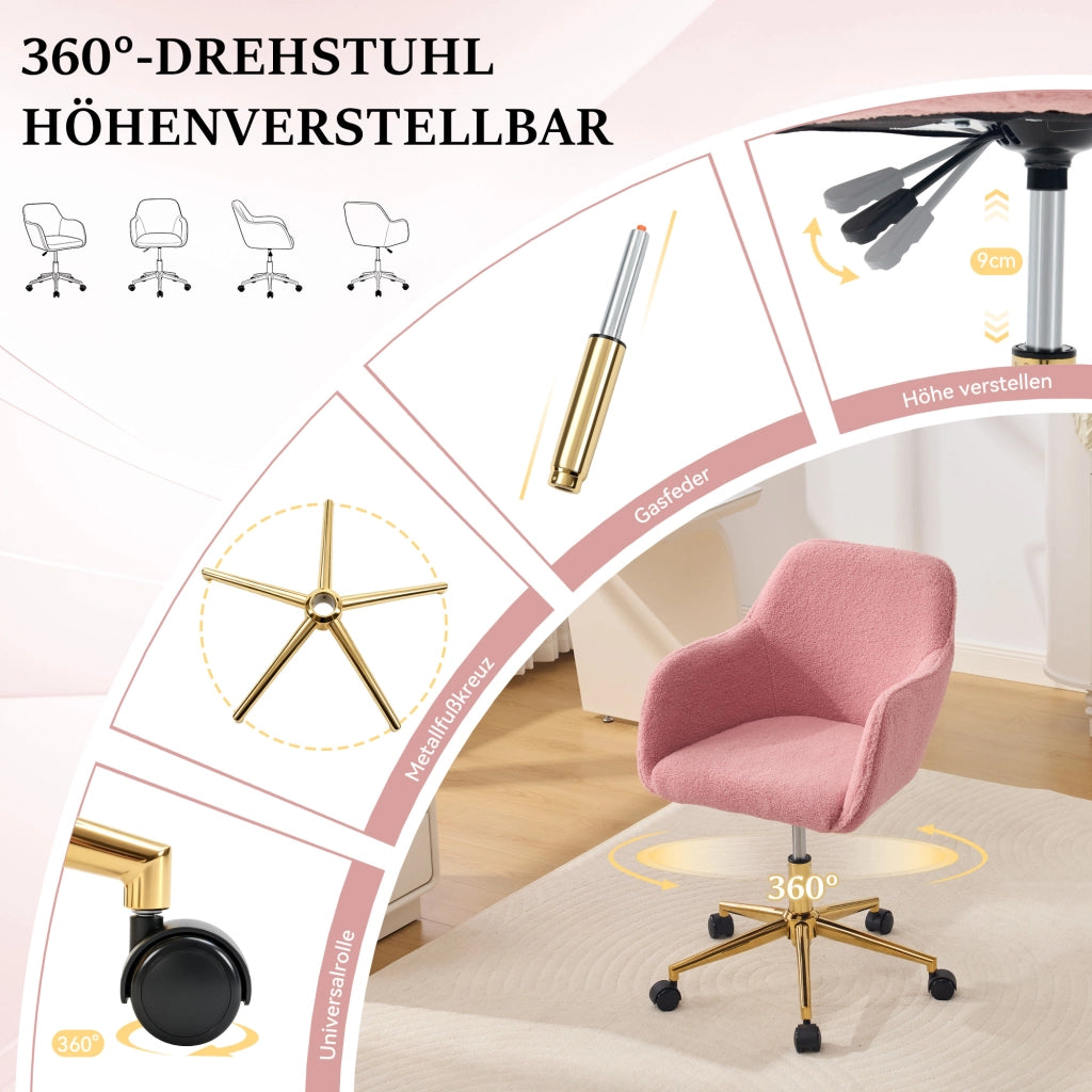 SEDIA Girevole 58x58x86 cm in Teddy Rosa con base dorata