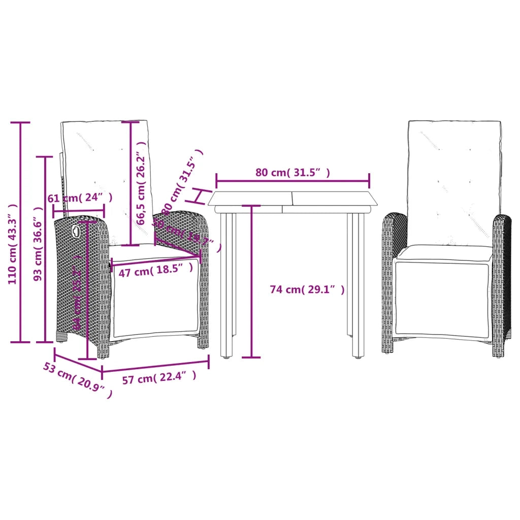 Set da BistrÃ² 3 pz con Cuscini Nero in Polyrattan