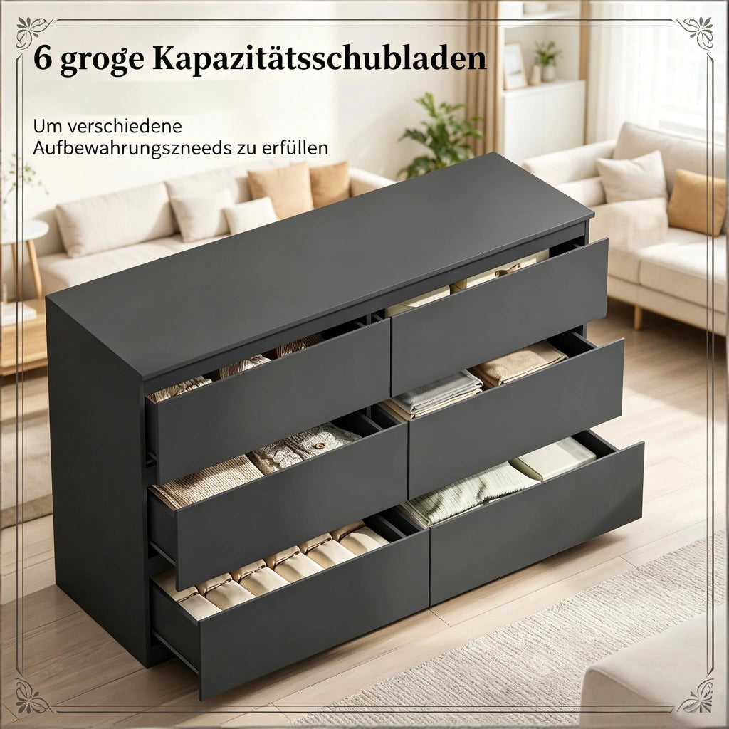 Credenza con 6 cassetti, per soggiorno e camera da letto, in legno ingegnerizzato, nero, 120 × 40 × 75 cm