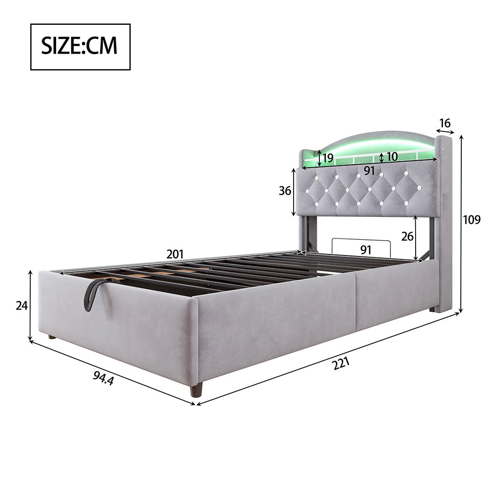Letto bambino-Xylo-90x200 cm-LED, USB, spazio idraulico, velluto grigio