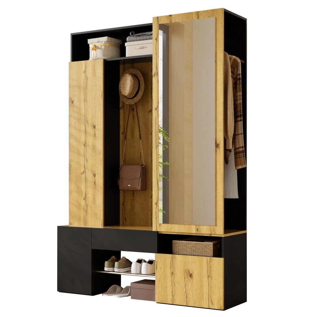 Guardaroba in MDF con specchio, scarpiera, mobile ingresso, appendiabiti con asta e ganci