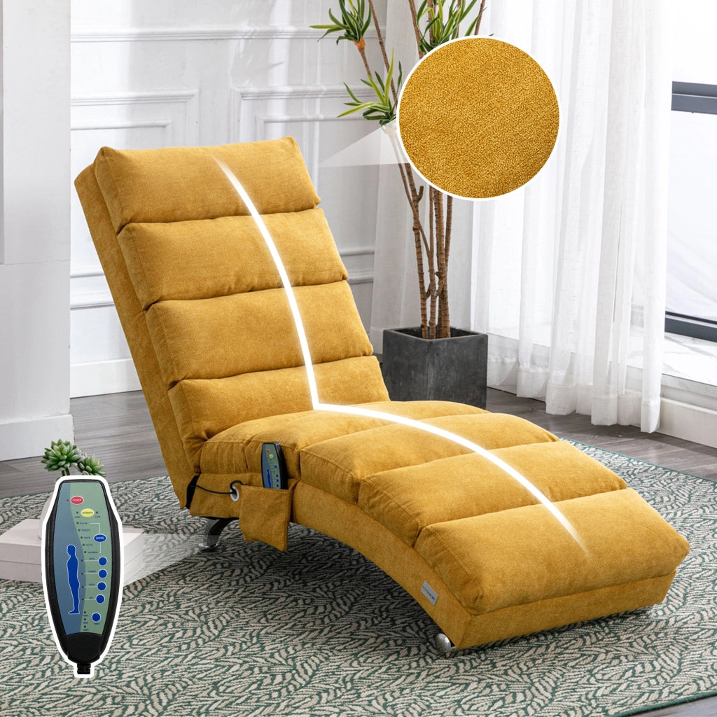 Chaise Longue Massaggiante 140° con Vibrazione Delicata e Tasca Laterale; Comfort Ergonomico in Lino Giallo Senape