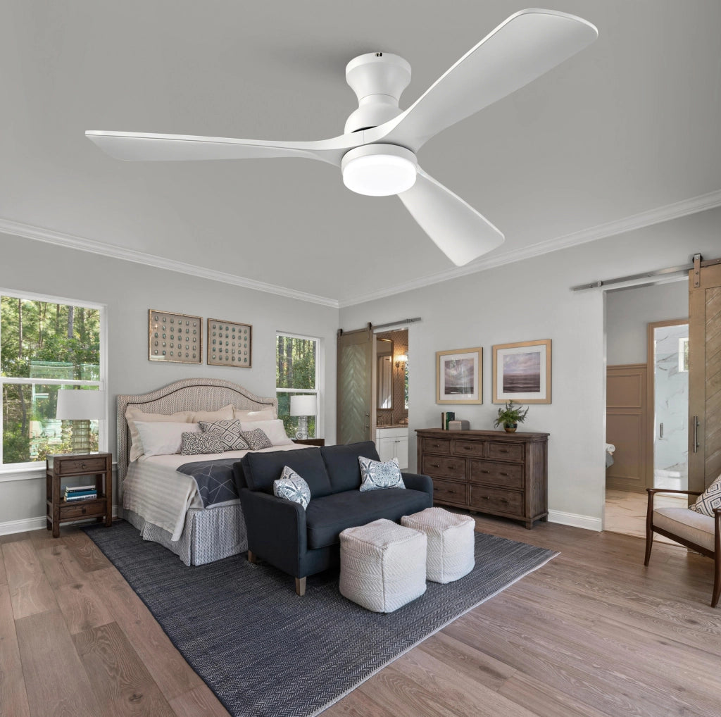 Ventilatore da soffitto con LED e telecomando, 3 pale in legno massello, bianco