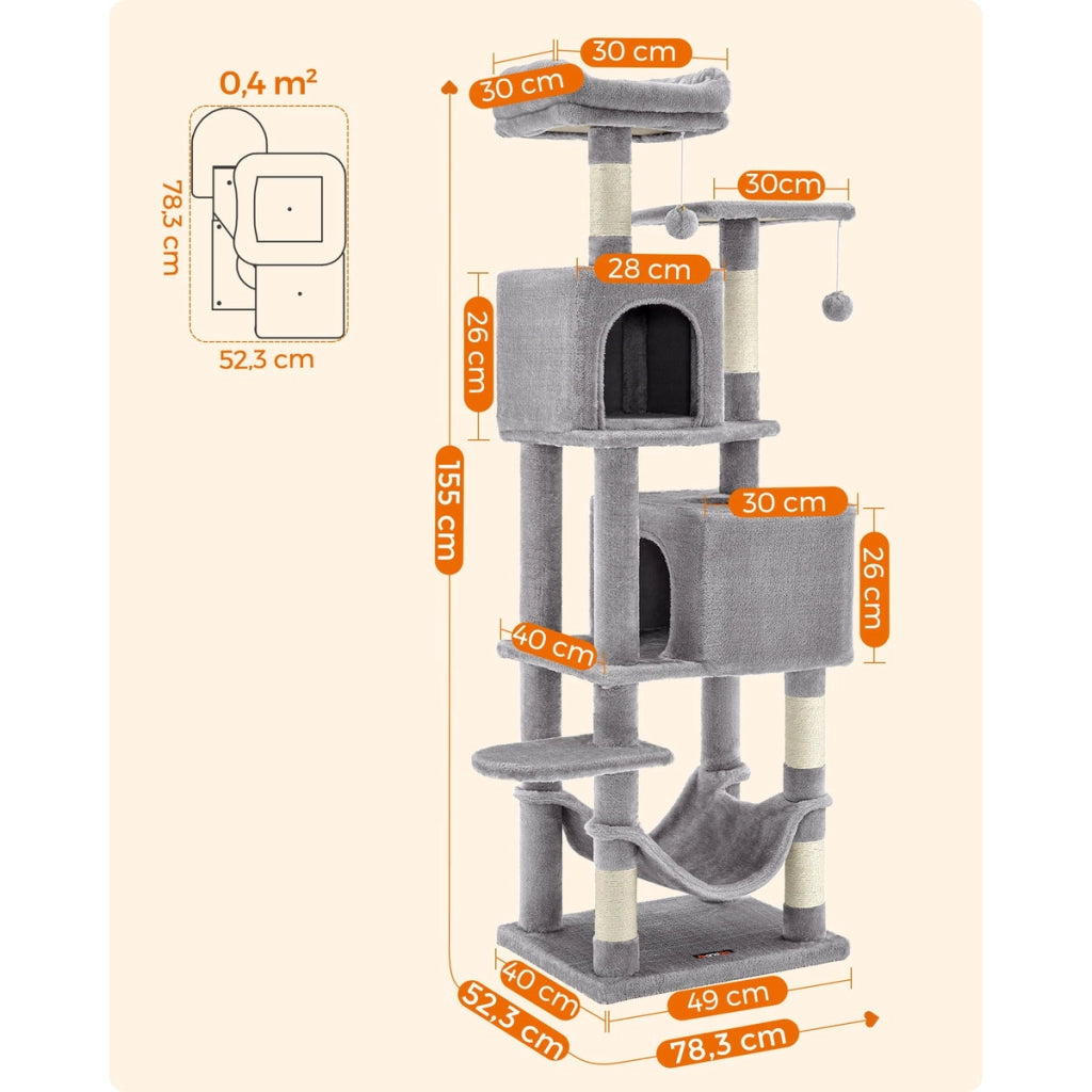 Tiragraffi a Torre Oskar in Peluche Grigio con Amaca