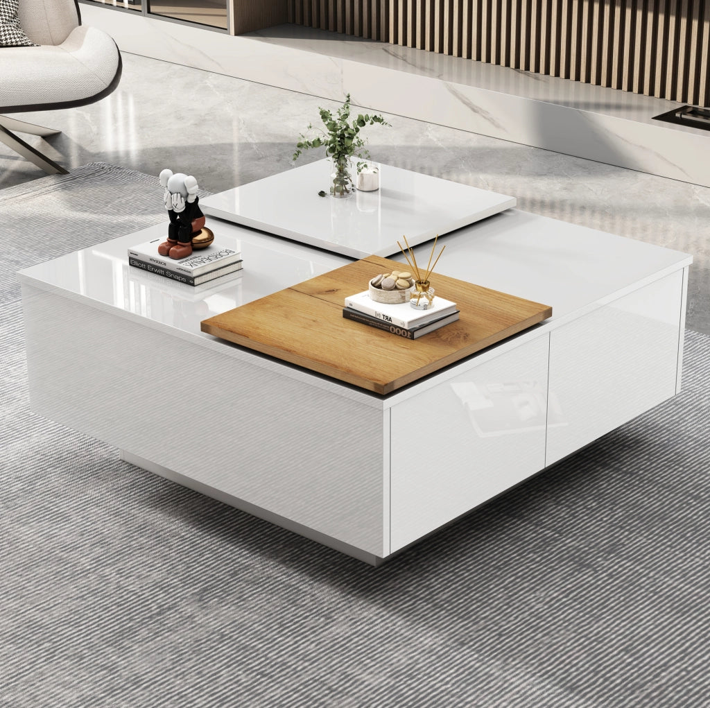 Tavolino da caffè 75x75x33.5 cm con 4 cassetti nascosti; piano lucido in pannello truciolare bianco