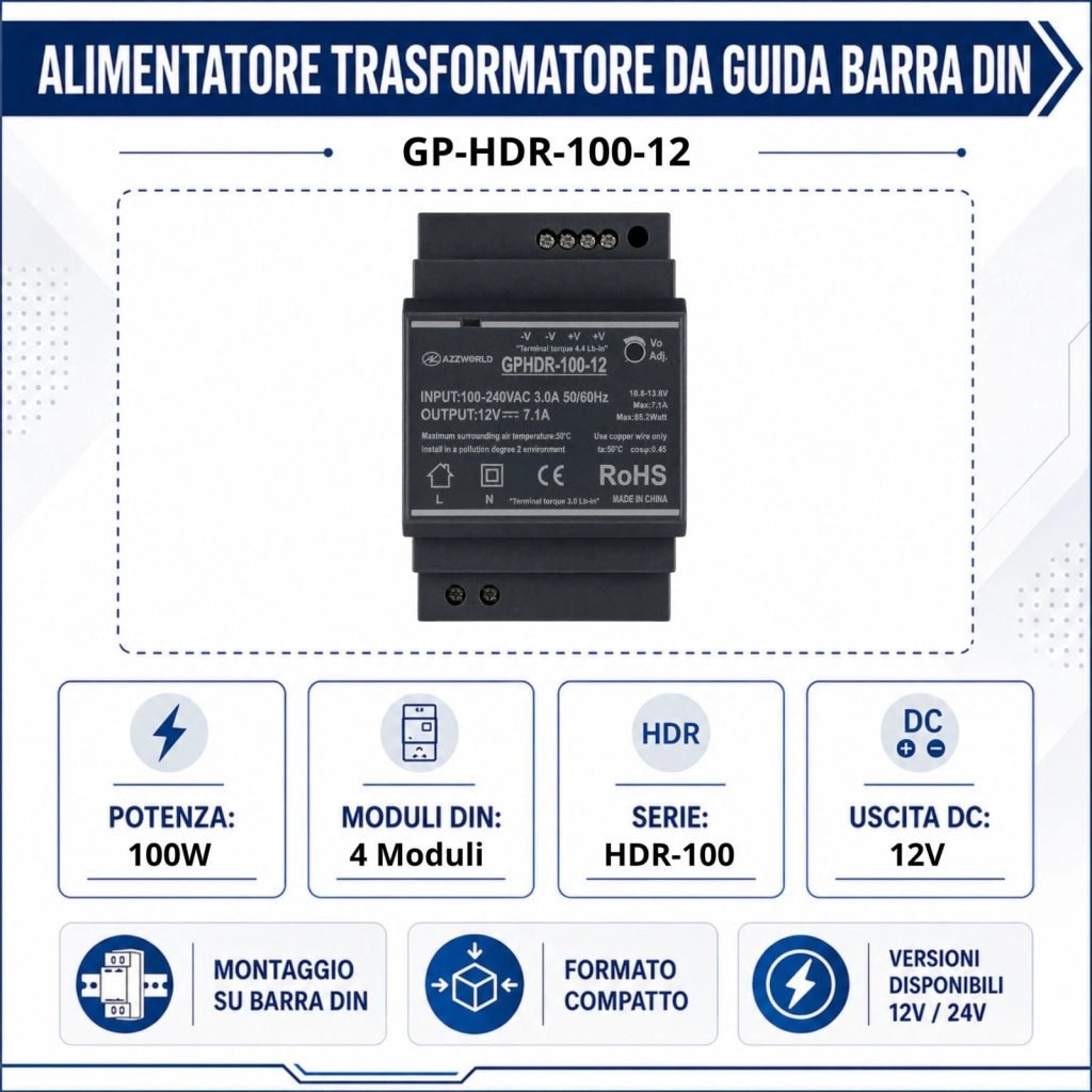 Alimentatore Trasformatore Da Guida Barra DIN 100W, 4 Moduli, Serie HDR-100, Disponibili DC 12V 24V (DC 12V)