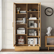 Vetrina, schedario, ante in vetro, 2 cassetti, 80 x 40 x 160 cm, colore legno naturale