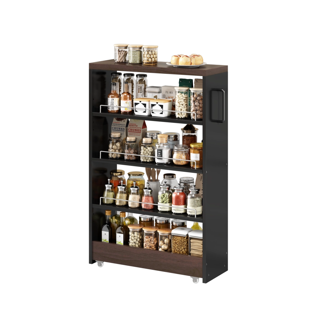 Carrello contenitore 20 cm nero marrone in MDF - 4 ripiani regolabili