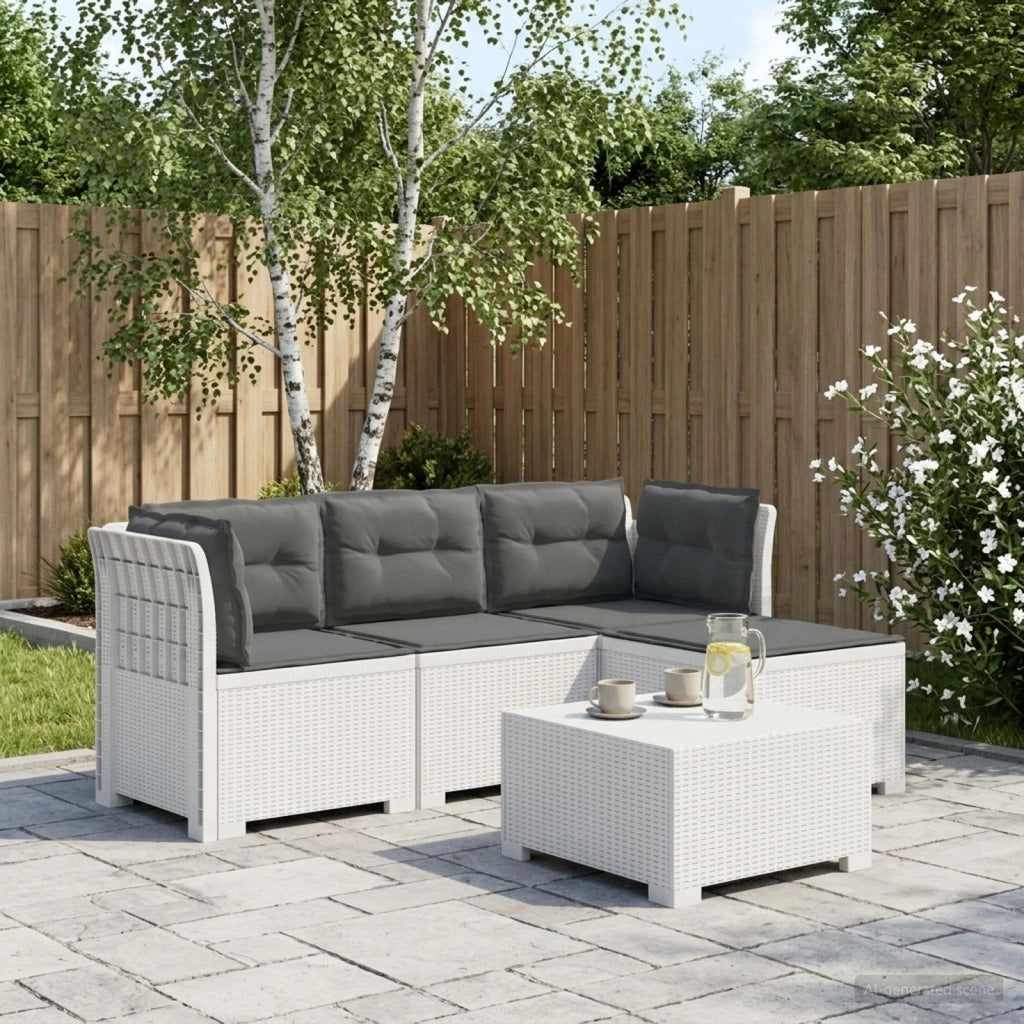 Divano da giardino 4 posti con cuscini aspetto rattan PP Bianco 3443951