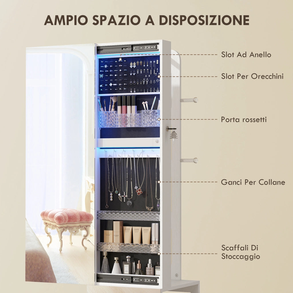 Specchio Girevole con Armadietto Portagioielli e Appendiabiti 37x40x165,5 cm Luce LED Regolabile e Serratura in MDF