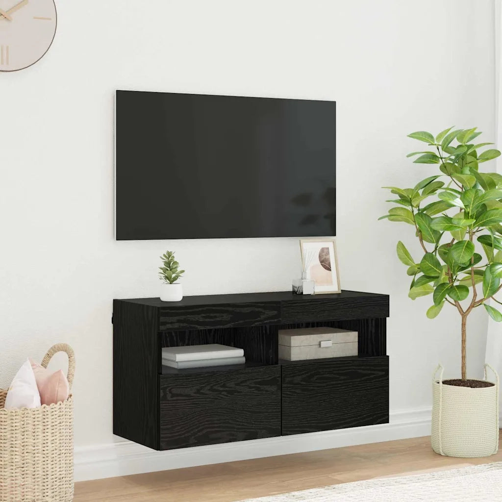 Mobile TV da parete con LED Rovere Nero 80 x 30 x 40 cm 882981