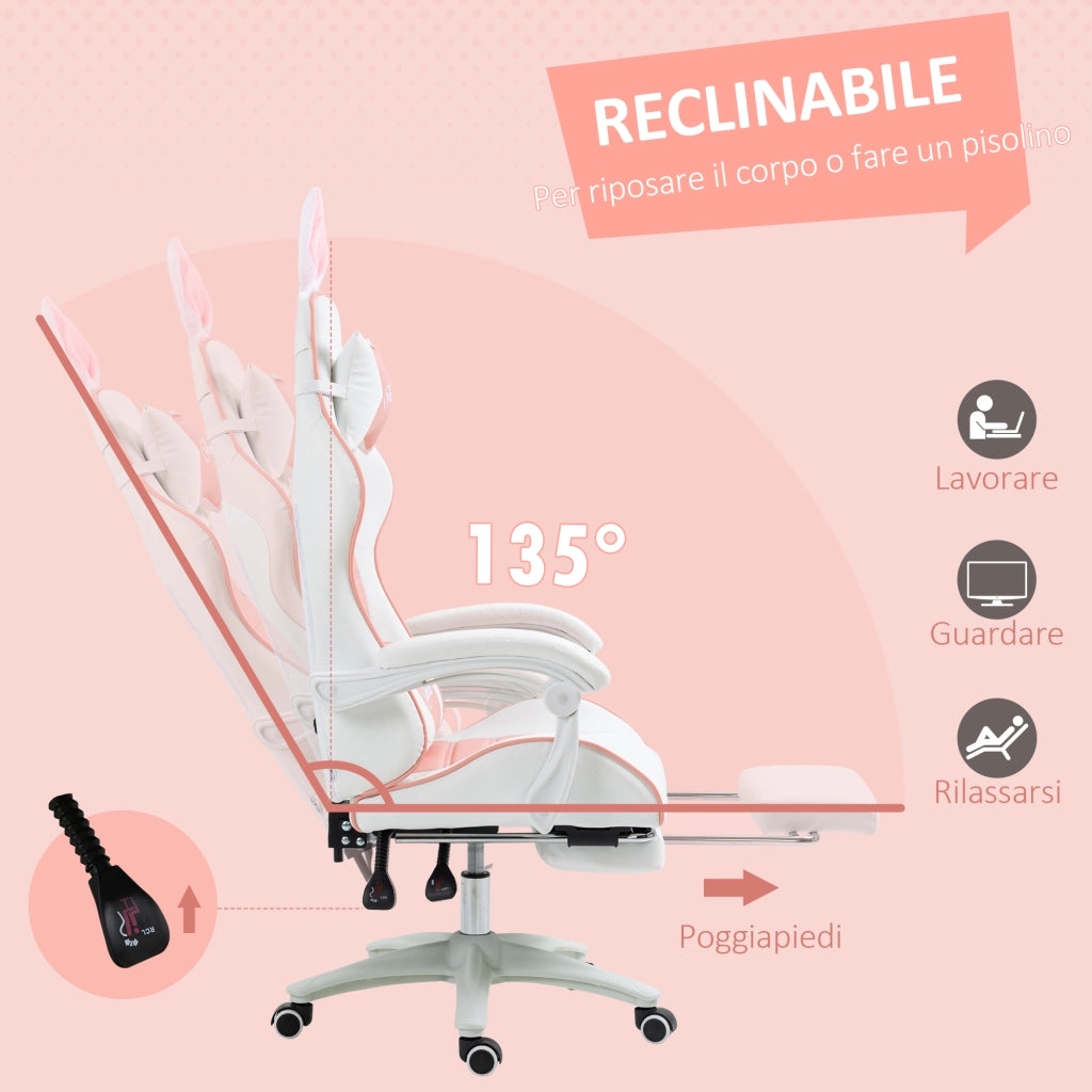 Sedia Gaming Ergonomica 65x63x136-142A cm con Orecchie in Finta Pelle Rosa