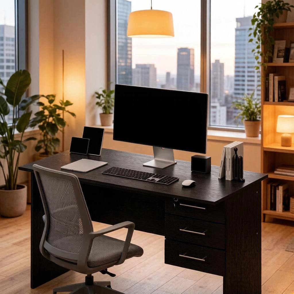 Scrivania lineare con 3 cassetti, serratura e guide silenziose, per ufficio e studio, in legno nero, 120 × 60 × 75 cm