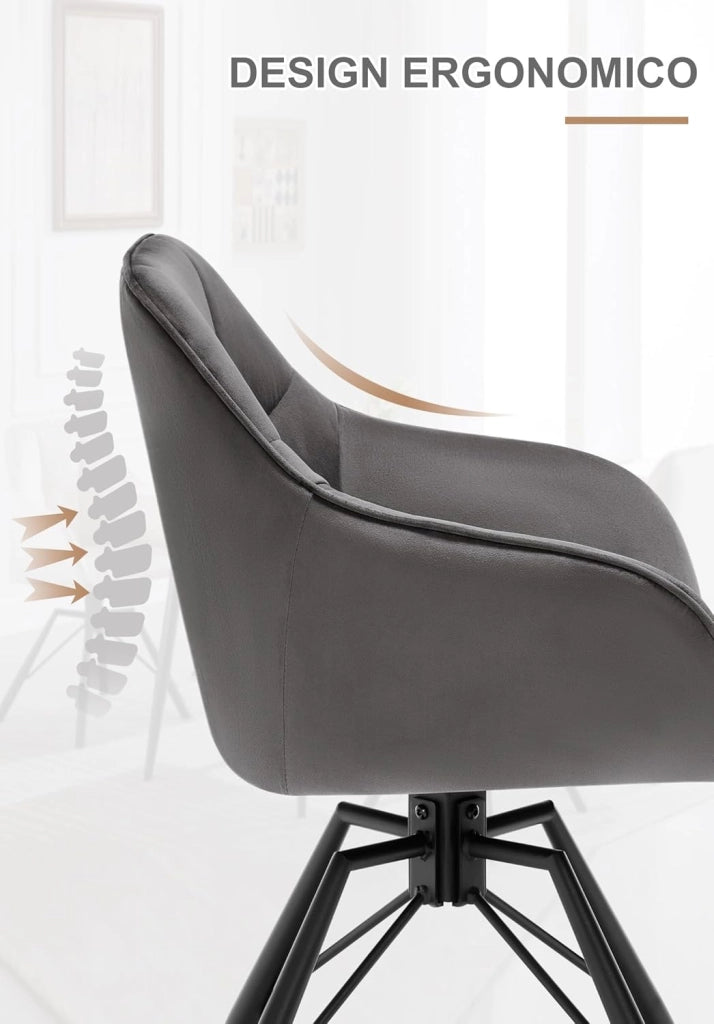 Sedia per Sala da Pranzo Girevole a 360°, Sedia da Cucina Imbottita con Gambe in Metallo, Poltroncina in Velluto per Camera da Letto, Soggiorno, Grigio Scuro, BH365dgr-1