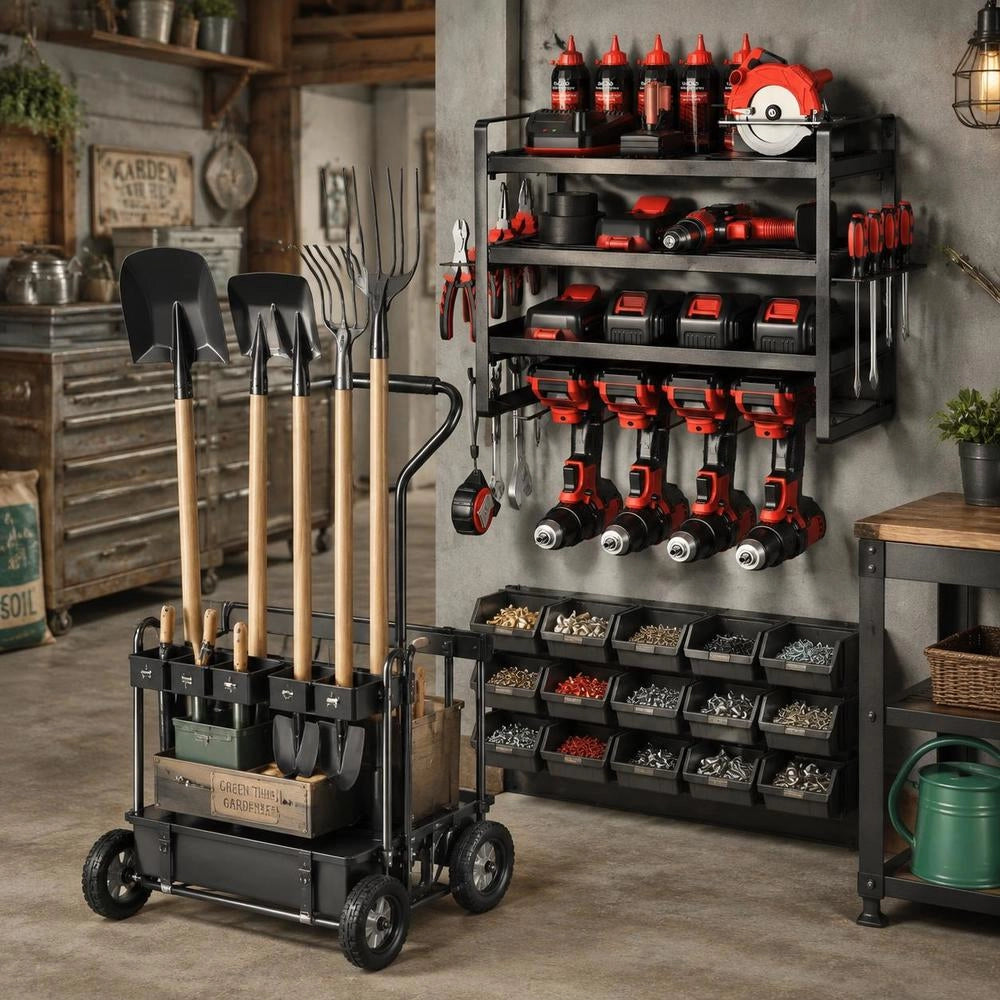 Tool Storage Wall Mount, 4-tier Storage Rack With 4 Drill Bit Holders, Tool Holder With Screwdriver Holder, Garage Tool Organizer For Garage, Workbench & Workshop