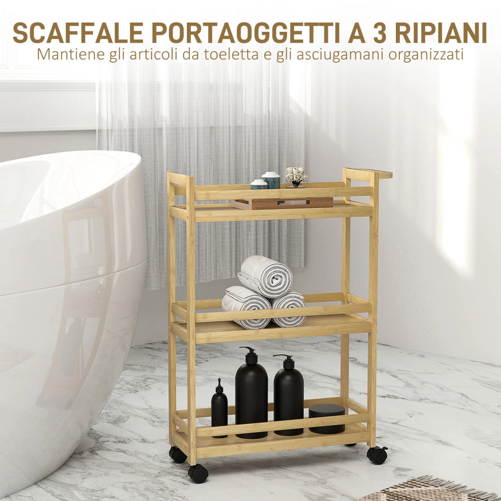Carrello Portaoggetti per Bagno a 3 Livelli in Bamb¨´, 55x20x75 cm, color Legno
