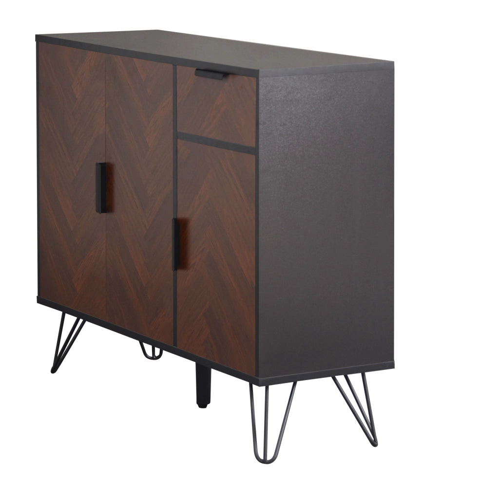 Credenza 90x30x71.5 cm con cassetto e ripiani regolabili in MDF e pannello truciolare nero e naturale