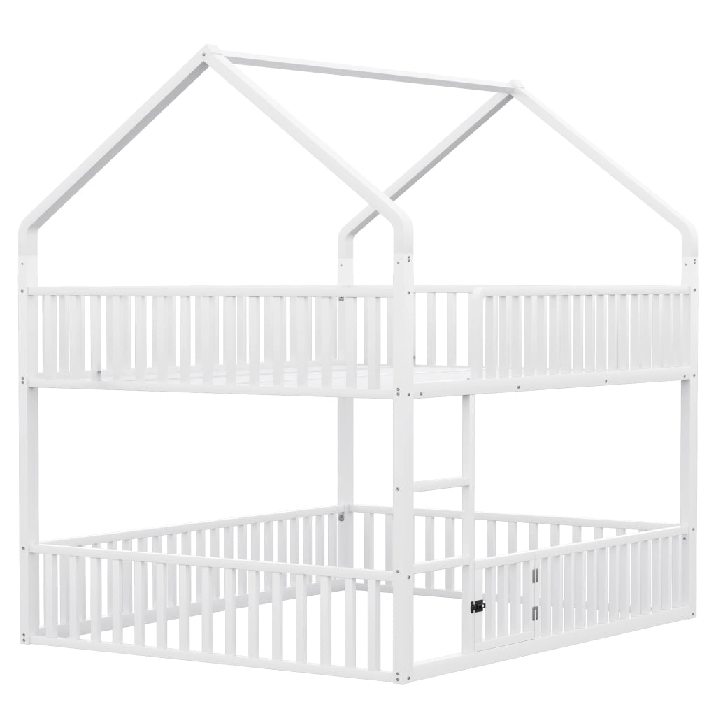 Letto a castello in metallo 140x200 cm con scala frontale e porta apribile, bianco
