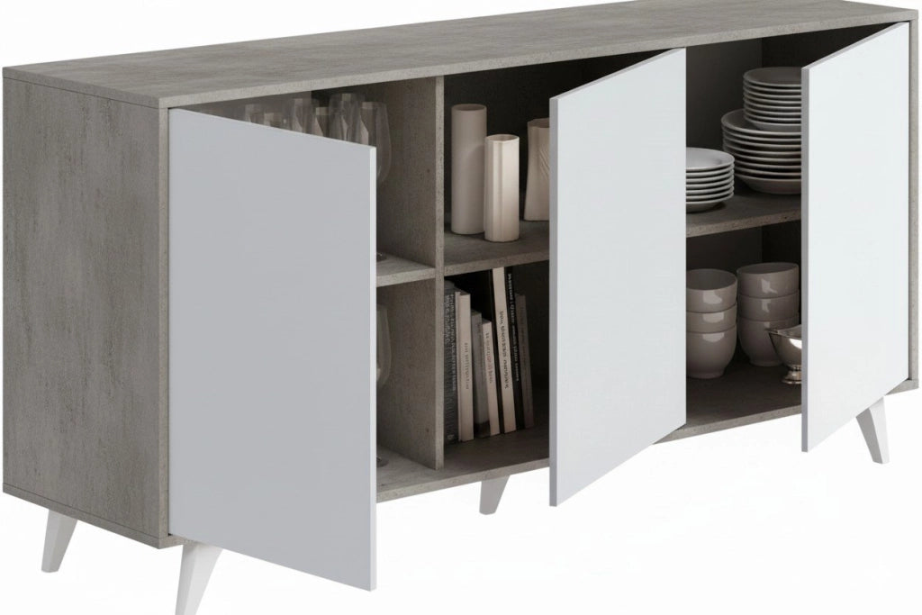 Credenza Annina, Buffet da soggiorno, Madia da salotto, Dispensa da cucina, 154x40h72 cm, Grigio chiaro e Bianco
