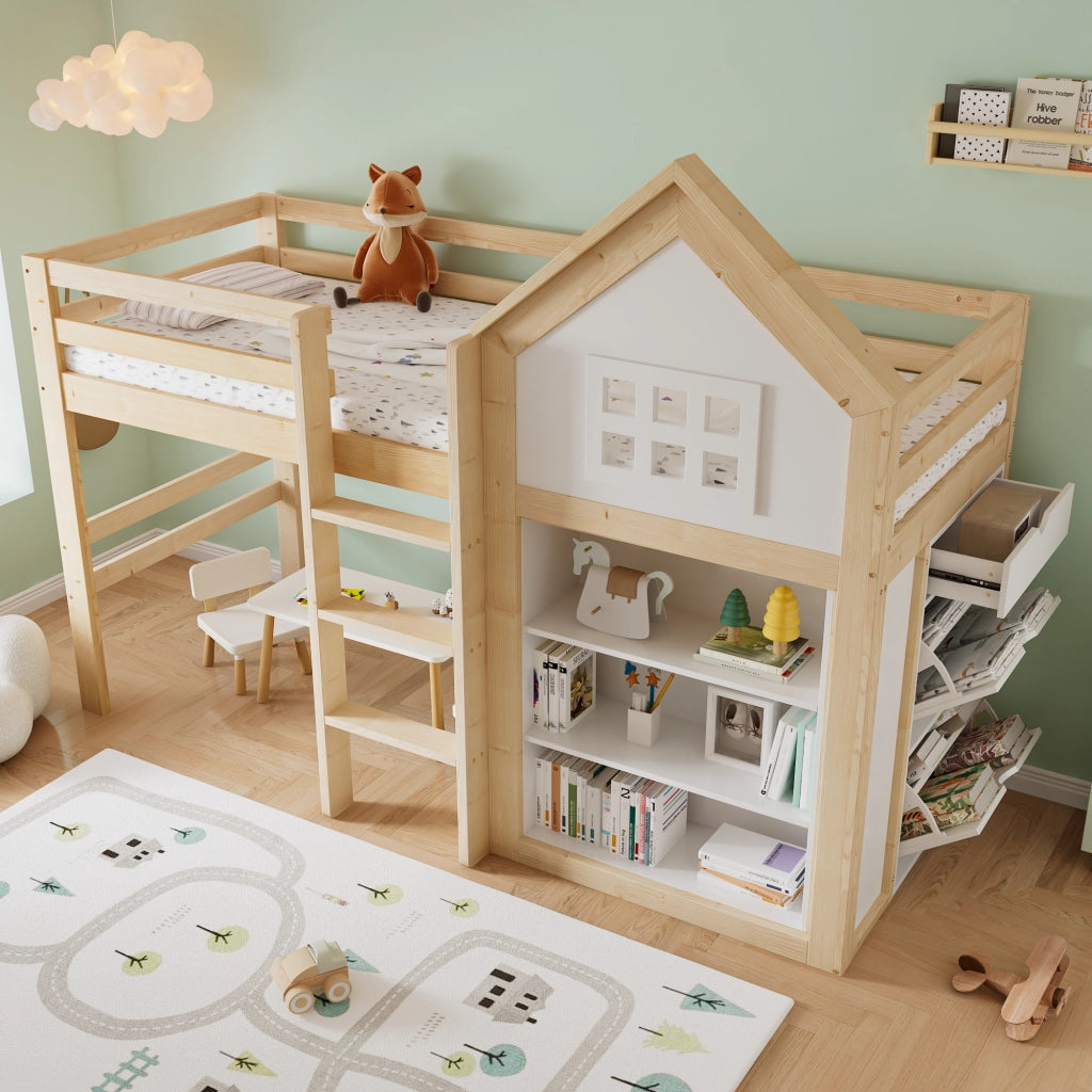 Letto a Soppalco 90 x 200 cm - 3 Cassetti e Vani Contenitore - in Legno - Bianco