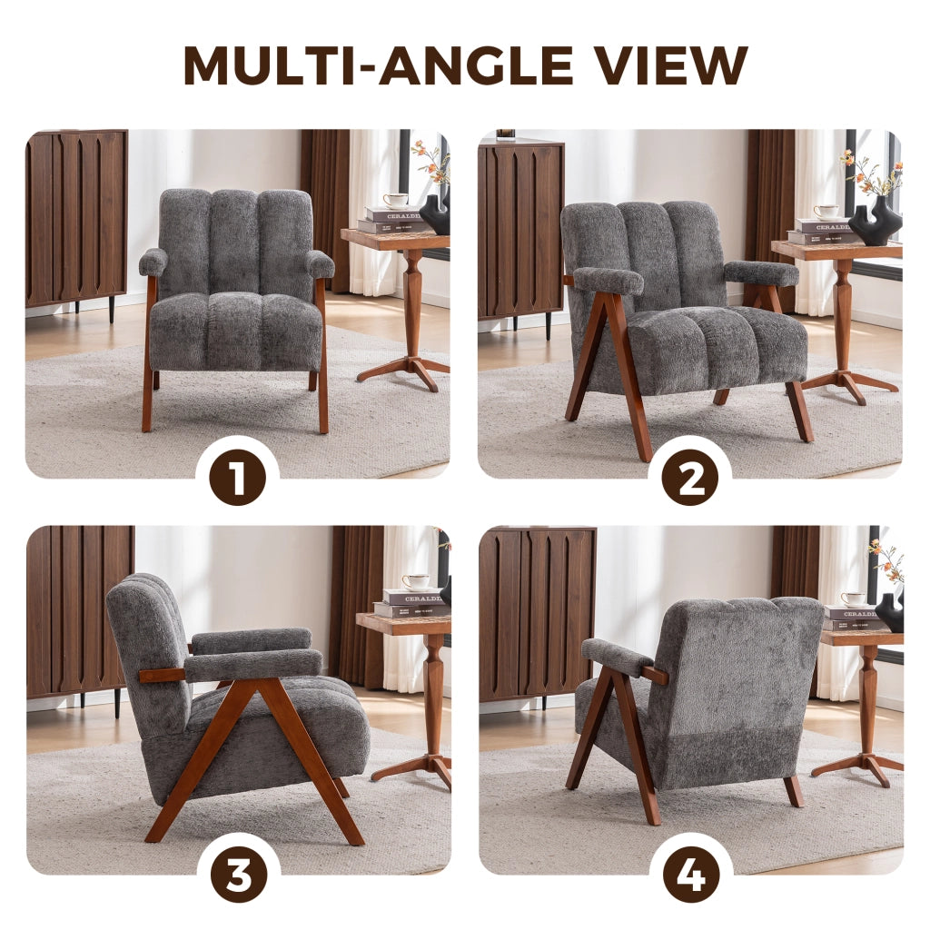 Poltrona in bouclé con struttura in legno massello di quercia, stile moderno, gialla