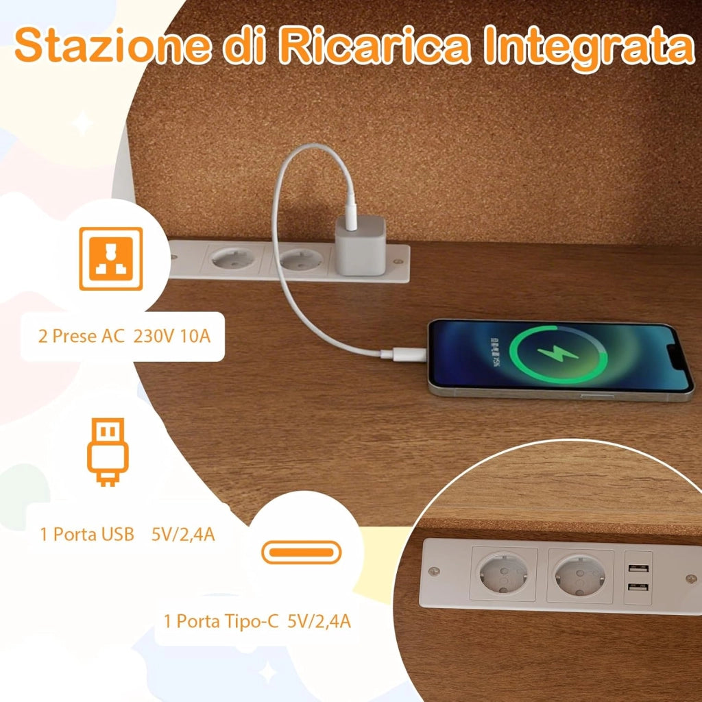 Scrivania per Bambini, 8-12 Anni, Tavolo in Legno con Bacheca in Sughero, Stazione di Ricarica, Ampio Piano, Mensole Regolabili e 2 Cassetti, Ideale per Studio e Disegno