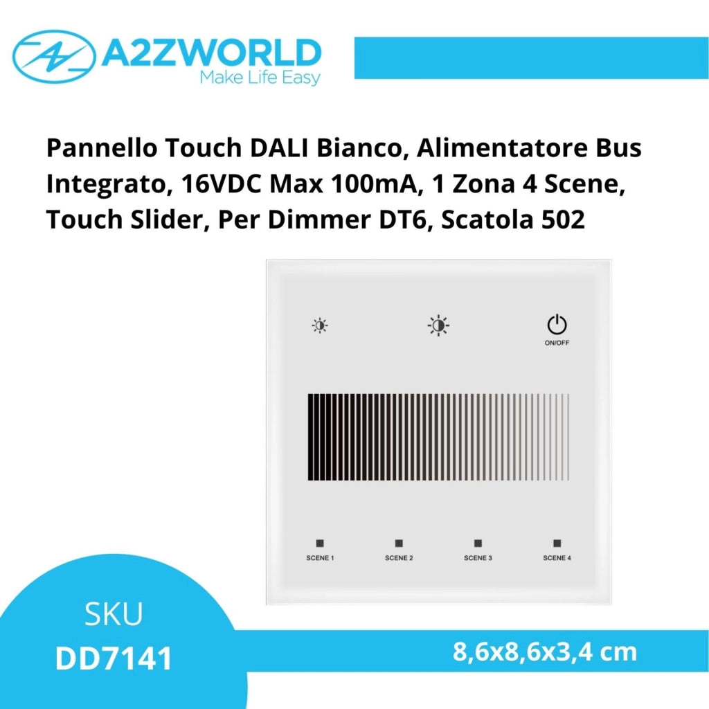 Pannello Touch DALI Bianco, Alimentatore Bus Integrato, 16VDC Max 100mA, 1 Zona 4 Scene, Touch Slider, Per Dimmer DT6, 86X86mm Per Scatola 502