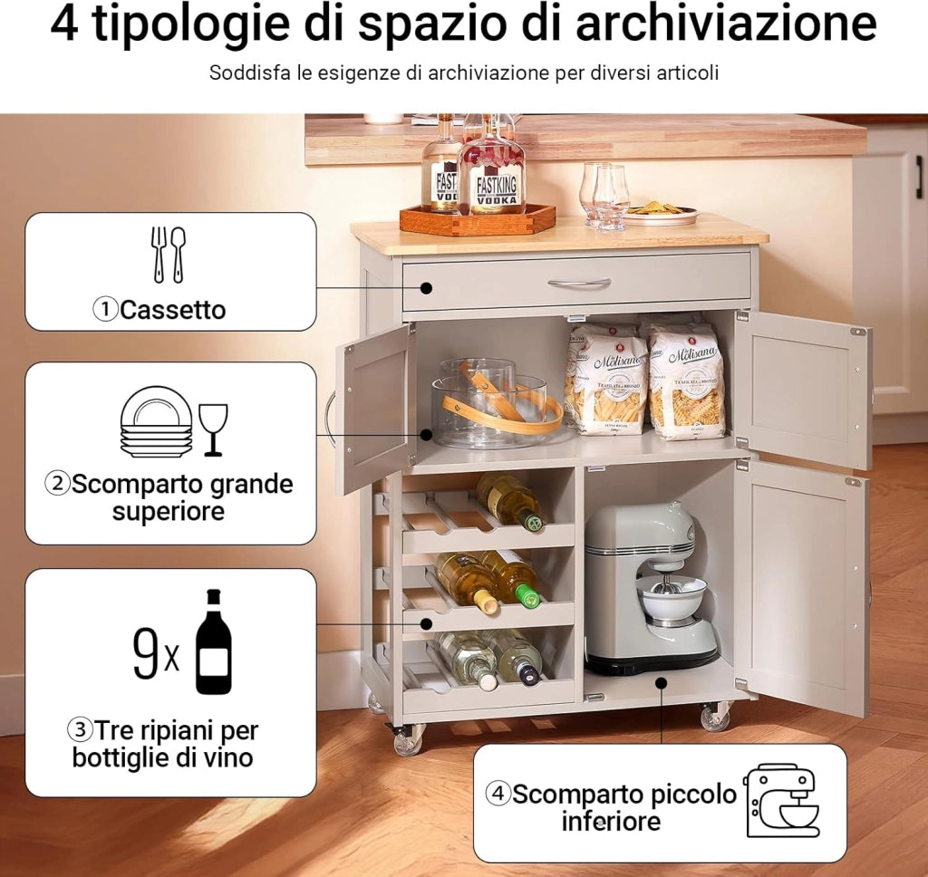 Mobile Cucina Salvaspazio con Ruote Carrello Cucina con Cassetti e Portabottiglie, Mobiletto Credenza credenza cucina per Cucina o Sala da Pranzo, Colore Cachi, 67x38x87cm FKW45-KA