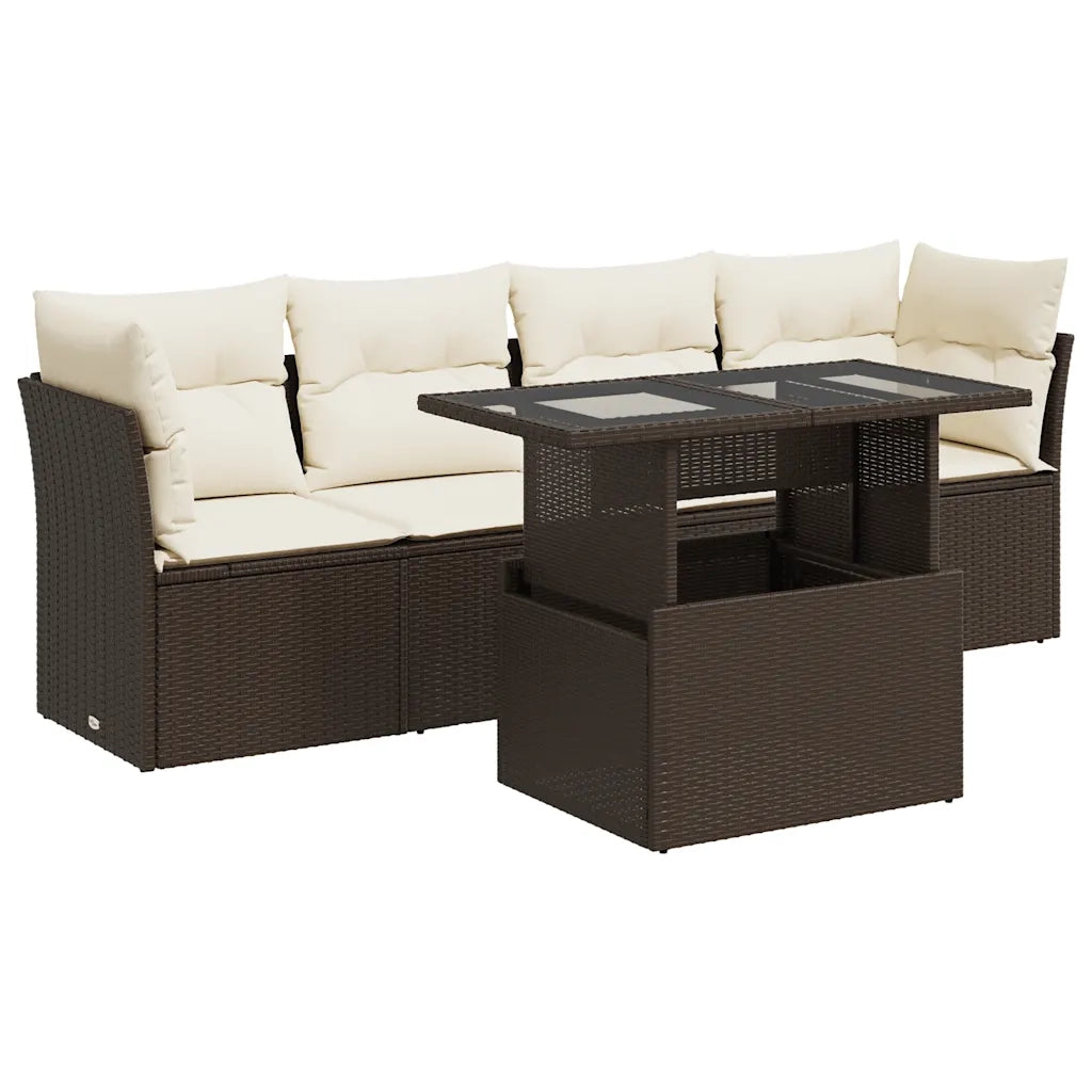 Set Divano da Giardino 5 pz con Cuscini Marrone in Polyrattan