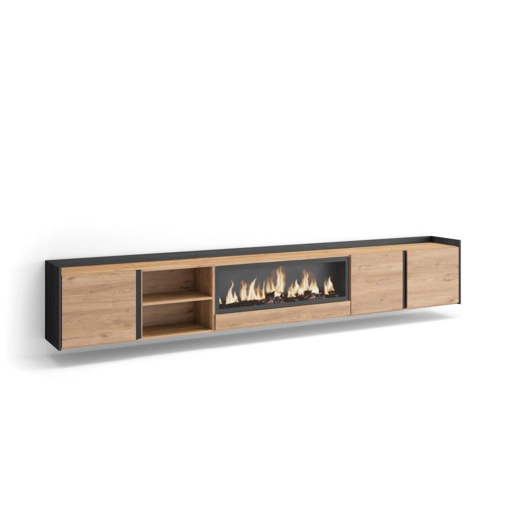 Mobile TV Soggiorno, 315x50x35 cm, Per TV fino a 80", Camino elettrico XXL, Sospeso, da appendere, Rovere e nero