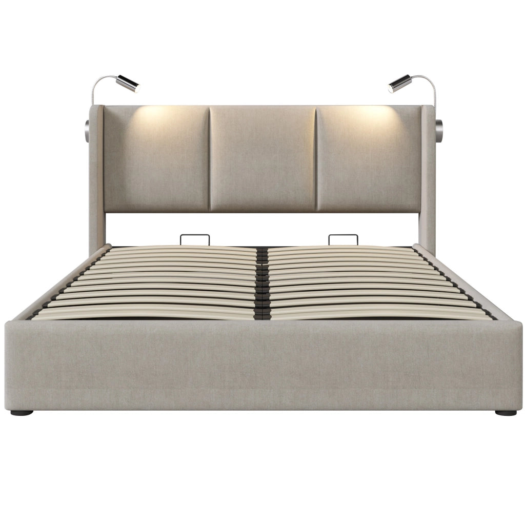 Letto matrimoniale imbottito 140x200 cm con contenitore; luce da lettura e USB; beige in lino