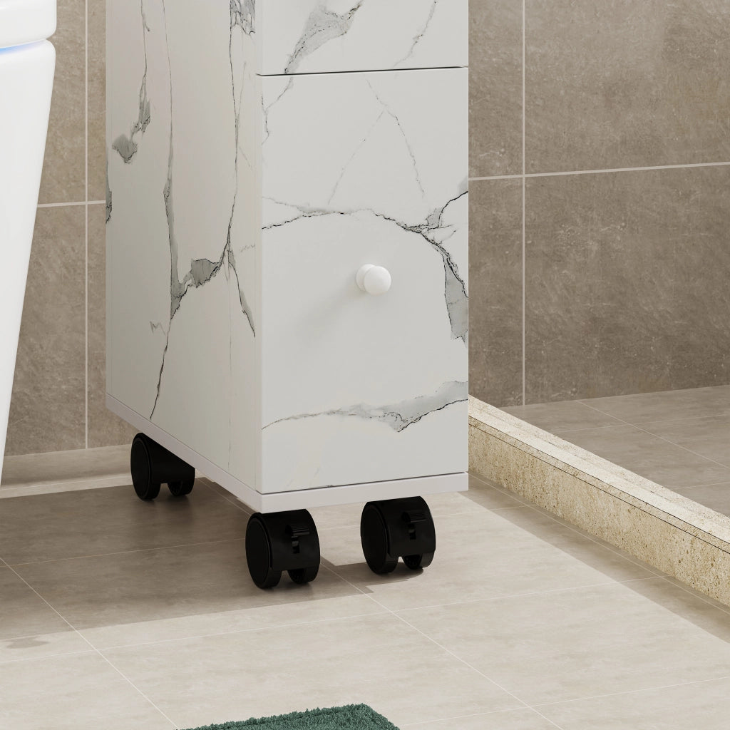 Mobile da Bagno Broreynna a Rotelle con 2 Cassetti 66 x 15 x 33 cm - Effetto Marmo Bianco [en.casa]