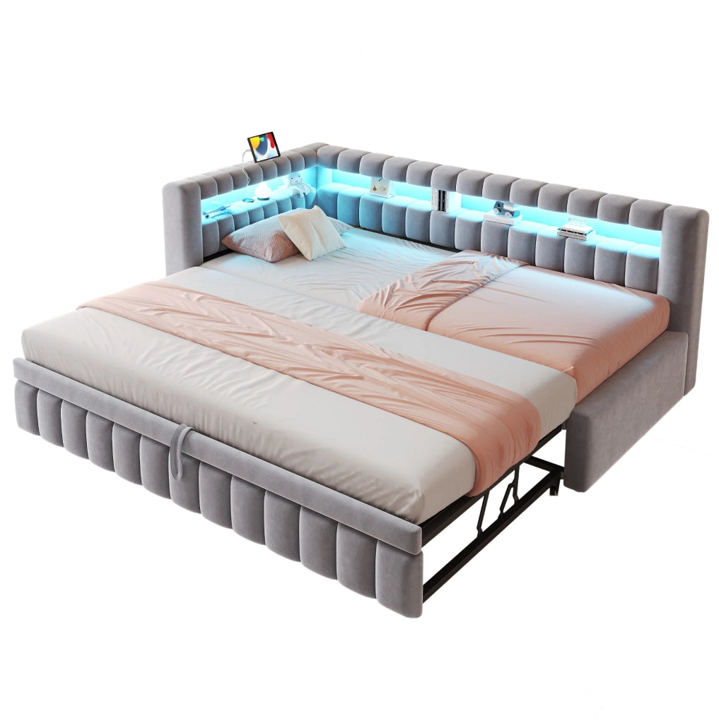 Divano letto estraibile 90x200 cm con LED, USB e vano portaoggetti