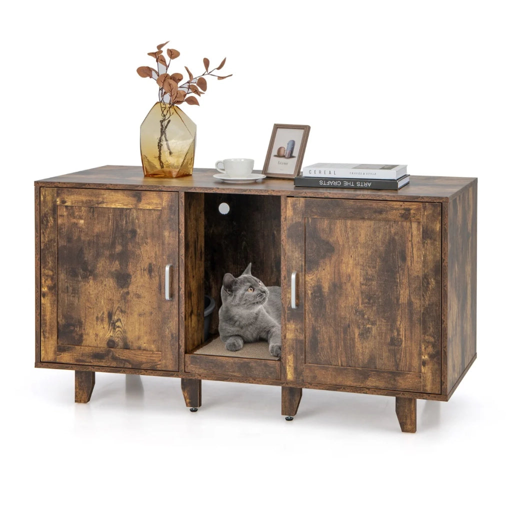 Lettiera per gatti 120 x 52 x 65 cm 2 scomparti integrati design elegante in MDF marrone rustico 20_0012644