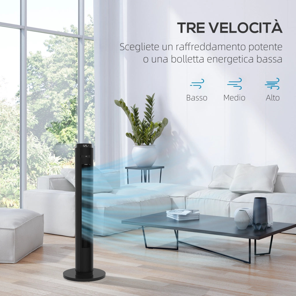 Ventilatore a Torre 45W a 4 Modalit¨¤ e 3 Velocit¨¤ con Timer da 12h, in ABS, ?31.5x96 cm, Nero