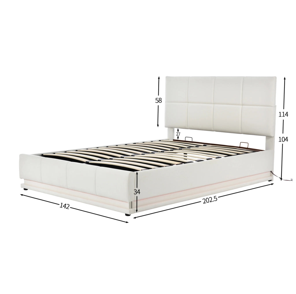 Letto imbottito 140x200 cm con LED e contenitore idraulico in MDF; metallo e pelle