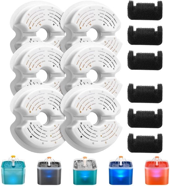 Filtro per fonte di acqua per gatti, 6-pack di filtri + 6-pack di filtri a schiuma, filtrazione multipla, adatto per F2