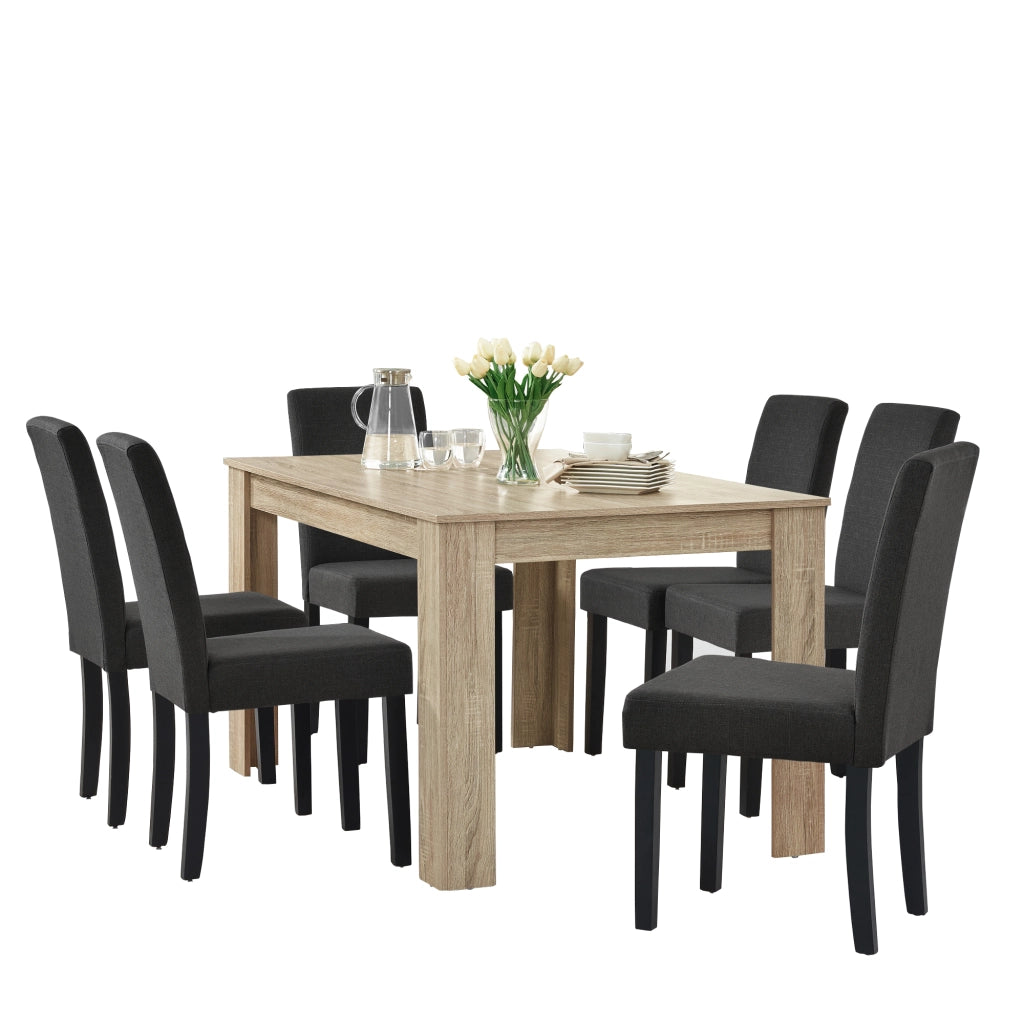 Set da Pranzo Tavolo Rettangolare con 6 Sedie Imbottite - Effetto Rovere Sbiancato/Grigio [en.casa]