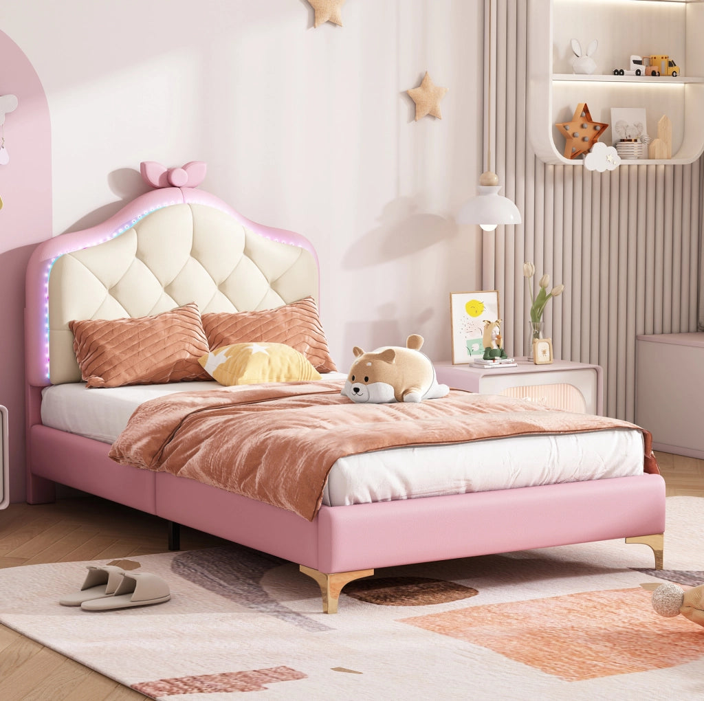 Letto singolo imbottito ULEVR 90x200 cm con LED multicolore, testiera ondulata e fiocco rosa, PU bianco e rosa