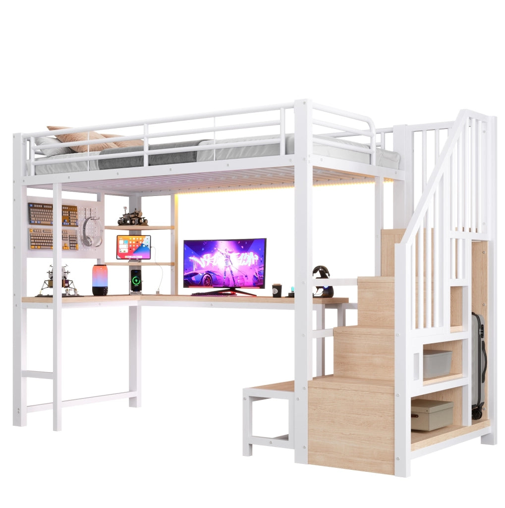 Hochbett 90x200 cm con scrivania; pannello forato; scale con ripiani; LED e porte USB; bianco